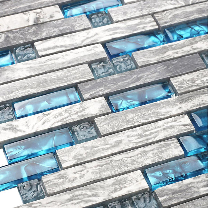 Gray Marble mix Teal Blue Interlocking Glass Mosaic Bathroom Shower Wall Backsplash Tile