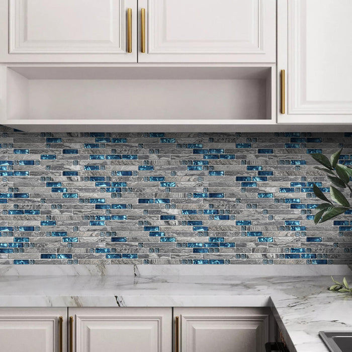 Gray Marble mix Teal Blue Interlocking Glass Mosaic Bathroom Shower Wall Backsplash Tile