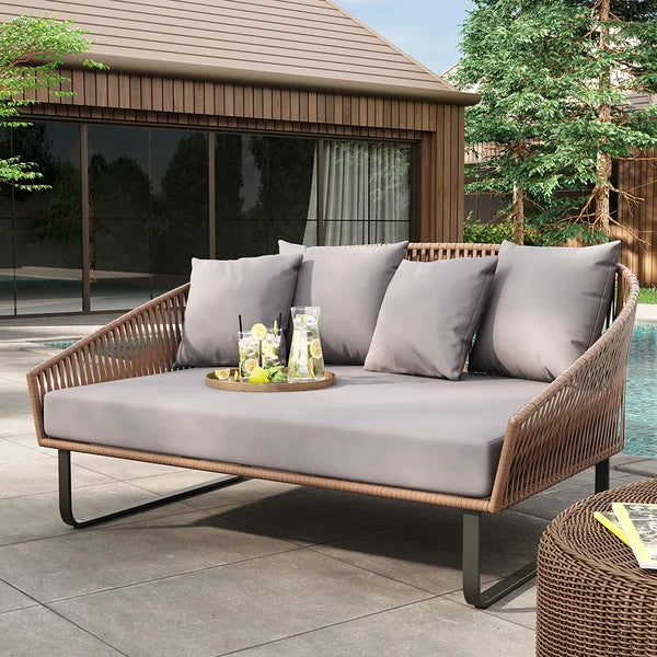 Rattan Outdoor Patio Daybed with Gray Cushion Pillow Black Aluminum Fr My Building Shop