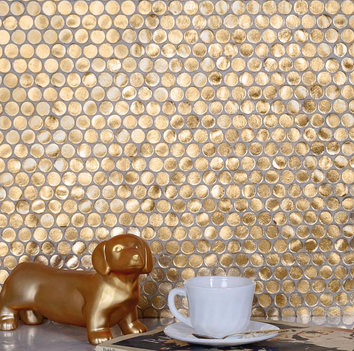 Luxury Gold Penny Round Glass Mosaic Kitchen Background Bathroom Wall Tile Backsplash CGMT1232
