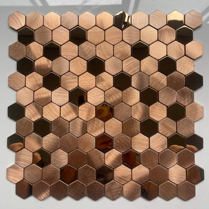 Luxury Bronze Copper Hexagon Brushed Matt mix Glossy Polished Metal Mosaic Stainless Steel Kitchen Backsplash Bathroom Wall Tile SMMT0909