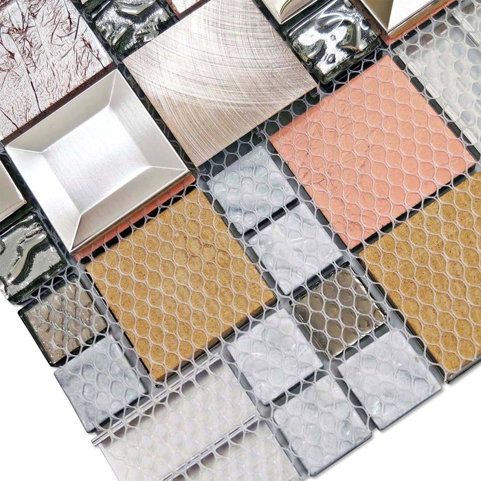 Glass Metal Mosaic Brown Gray Rose Copper Stainless Steel Tile Backsplash for Kitchen Bathroom Wall