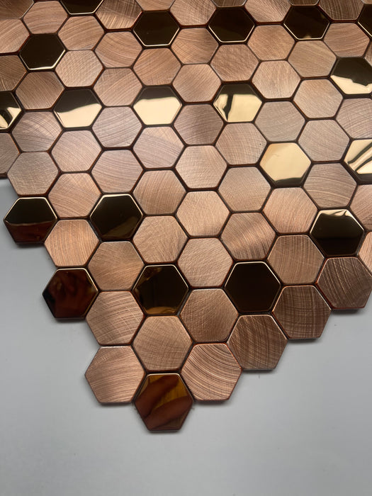 Luxury Bronze Copper Hexagon Brushed Matt mix Glossy Polished Metal Mosaic Stainless Steel Kitchen Backsplash Bathroom Wall Tile SMMT0909