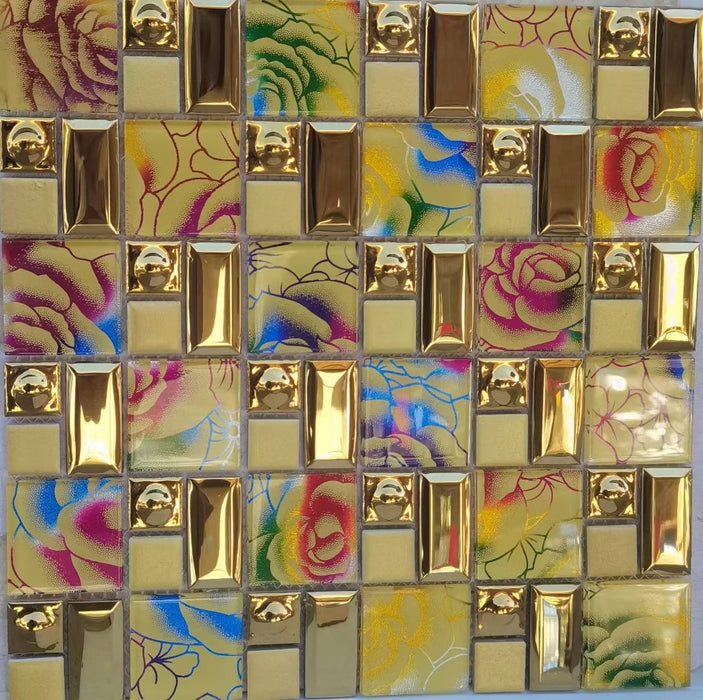 5 PCS 3D Rose Flower Gold Glass Mosaic For Kitchen Backsplash Wall Bathroom Tile YUEXIN03 - My Building Shop