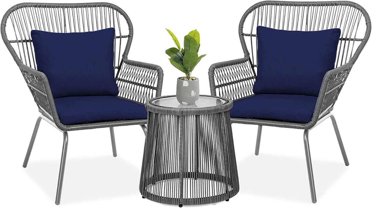 Color Gray/ Navy, 3-Piece Patio Conversation Bistro Set, Outdoor Furniture Set, 2 Ergonomic Chairs, Cushions, Glass Top Coffee Side Table ODF005 - My Building Shop