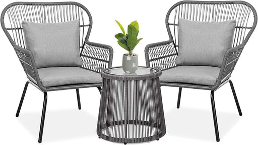Color Gray, 3-Piece Patio Conversation Bistro Set, Outdoor PE Rattan Furniture Set, 2 Wide Ergonomic Chairs, Cushions, Glass Top Side Table ODF003 - My Building Shop