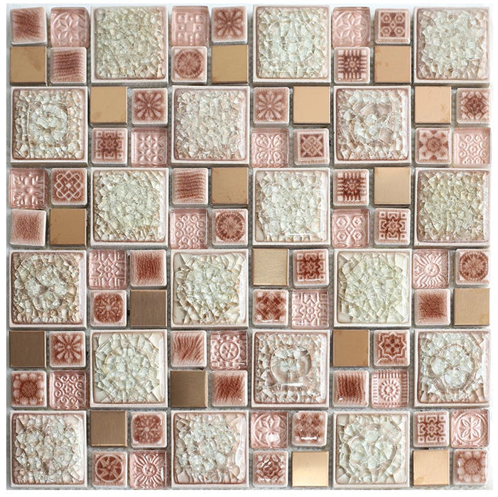 Crackle Rose Pink Ceramic Porcelain Gold Metal Mosaic Kitchen Bathroom - My Building Shop