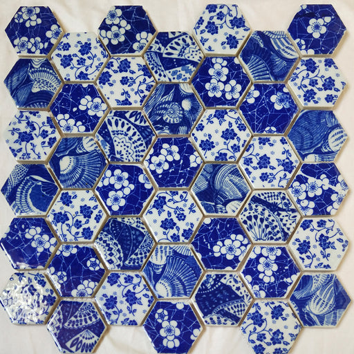 1 PC Glazed Blue and White Hexagon Porcelian Mosaic Kitchen Backsplash Bathroom Wall Flooring Swiming Pool Tile PCMT9264 - My Building Shop