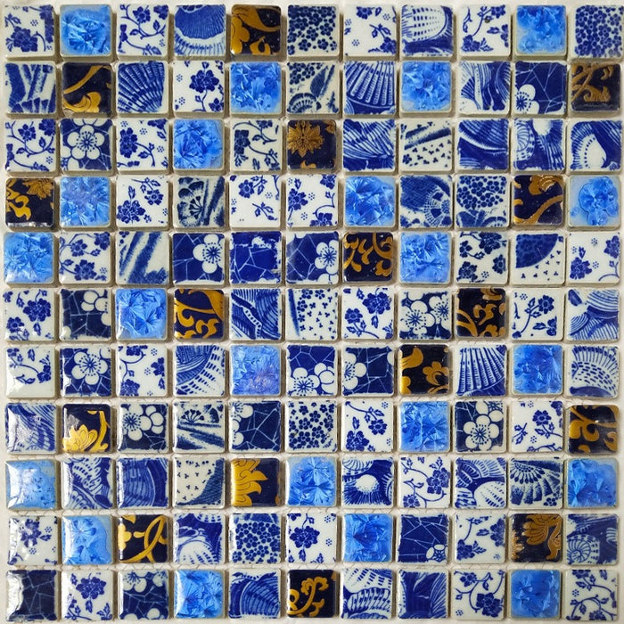 1 PC Blue and White Gold Porcelian Mosaic Kitchen Backsplash Bathroom Wall Flooring Swiming Pool Tile PCMT9241 - My Building Shop