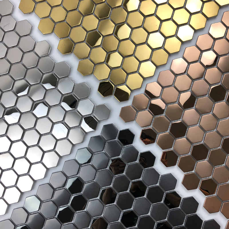 Brushed Matte Mix Glossy Hexagon Metal Mosaic Stainless Steel Wall Backsplash Tile SSMT2140