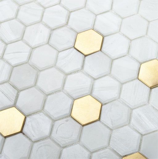 Light Luxury Honeycomb Hexagon White Glass Mix Gold Metal Mosaic Tile Backsplash SSMT2127 - My Building Shop