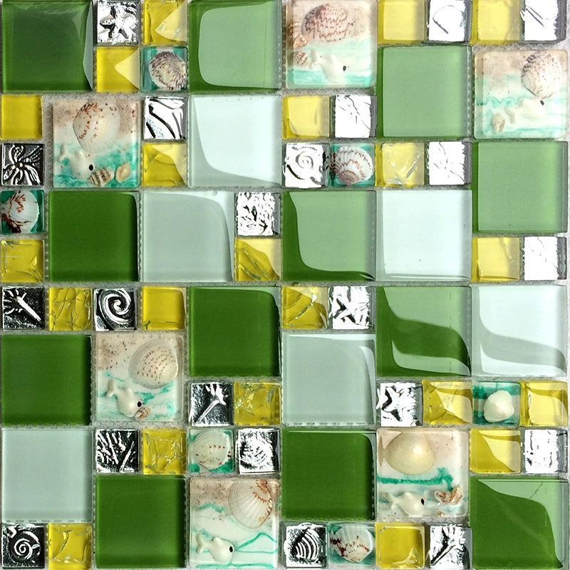 Yellow Green Silver Glass Mosaic Mother Of Pearl Shell Tile LFGT009 Ba ...