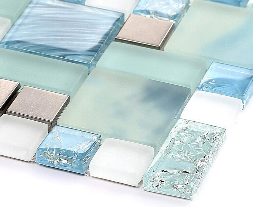5 PCS Blue Glass Mix Silver Brushed Metal Stainless Steel Kitchen Backsplash Bathroom Wall Tile SSMT09074 - My Building Shop