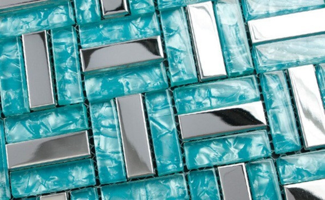 5 PCS Blue glass mosaic silver metal tile backsplash stainless steel SSMT079 glass metallic mosaic - My Building Shop