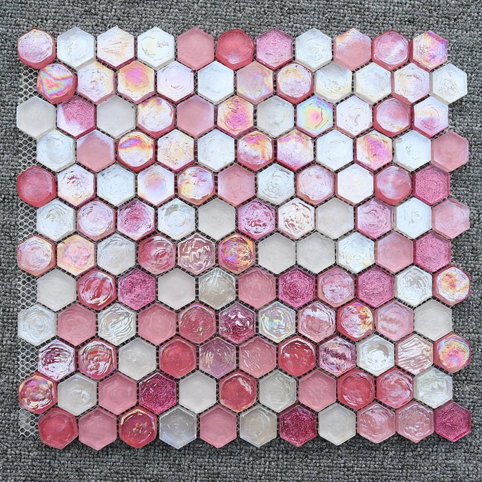 5 PCS Hexagon Sugar Pink Red Rainbow Stained Glass Mosaic Tile Backsplash CGMT1902 Crystal Glass Bathroom Wall Tiles - My Building Shop