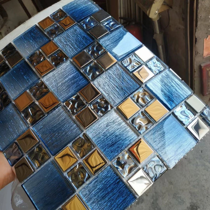 5 PCS Blue Silver Glass Mosaic Kitchen Backsplash Wall Backsplash Swimming Pool Tile FT001A - My Building Shop