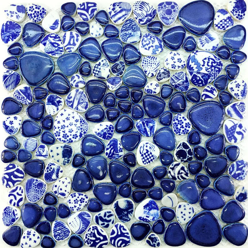 Blue mix White pebble porcelain kitchen wall tiles bathroom shower flo ...
