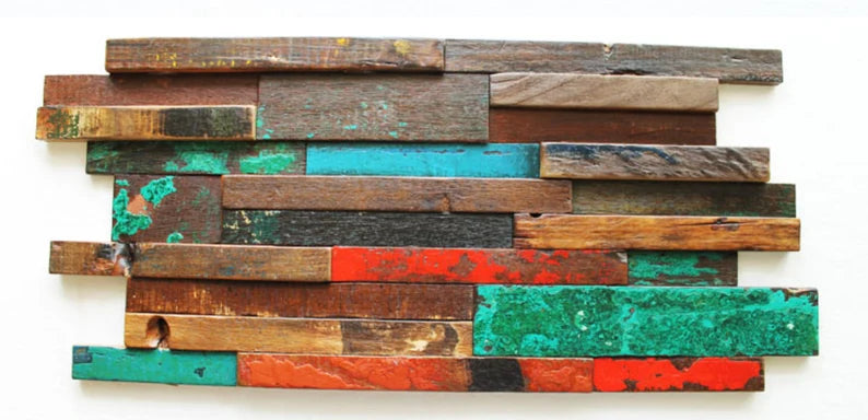 6 PCS Painted Green Red Blue Wood Wall tile NWMT153 3D Wooden Mosaic Backsplash Tiles Rustic Wood Panel Ancient Boat Wood Tiles - My Building Shop