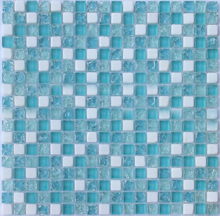 11 PCS Glossy Blue Glass Mix White Marble Stone Wall Backsplash SGMT09092 Bathroom Kitchen Tile - My Building Shop
