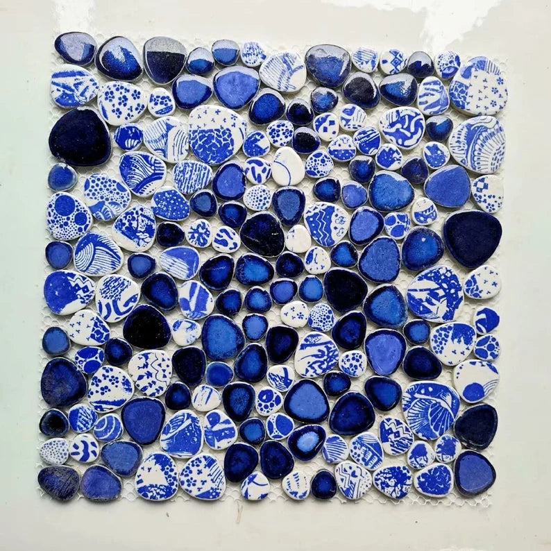Blue white pebble porcelain mosaic tile kitchen backsplash PPMTS11 cer ...