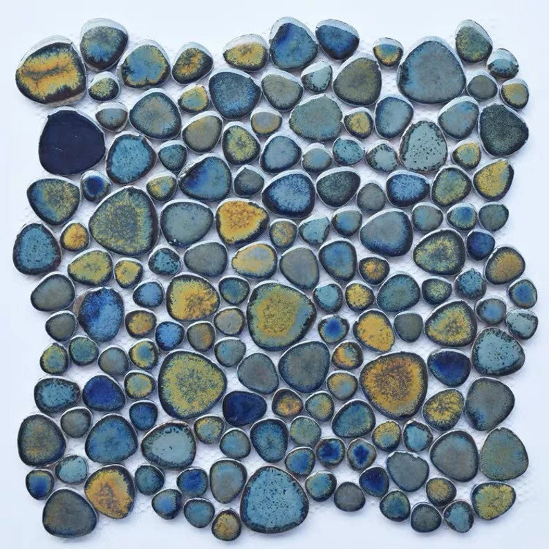 Glazed blue pebble mosaic PPMTAJ08 pebble heart shape porcelain tile b ...