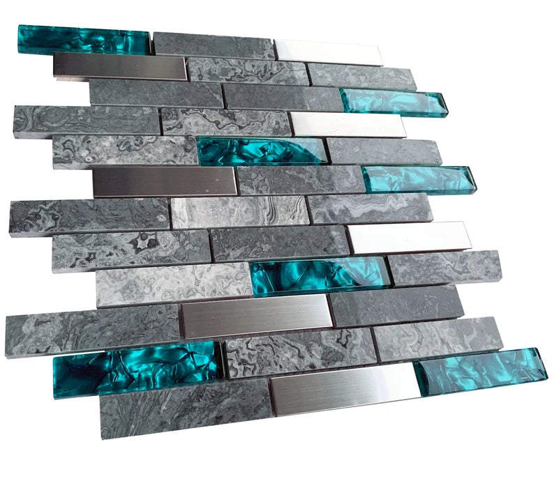 5 PCS Gray Marble Stone Mix Aqua Blue Glass Brushed Silver Metal Linear Wall Tile Backsplash SGMT0261 - My Building Shop