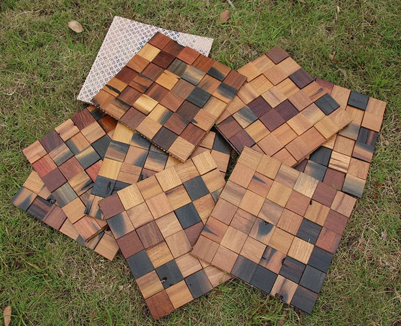 11 PCS Ancient Boat Wood Mosaic Tile 3D Pattern Panel Solid Wooden Wall Backsplash Tiles DQ059 - My Building Shop