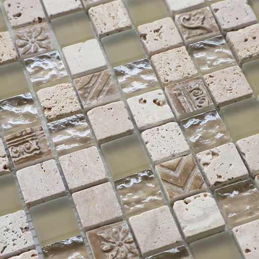 11 PCS Beige Frosted Glass Mix Stone Mosaic Bathroom Wall Tile JMFGT2026 Kitchen Backsplash Glass Tiles - My Building Shop