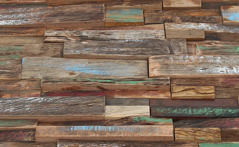 6 PCS Painted Natural Ancient Boat Wood Mosaic Pattern Panel Backsplash Wall Tile DQ121 - My Building Shop