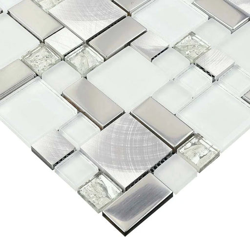5 PCS Crystal white glass mix silver stainless steel metal aluminum mosaic SSMT104 kitchen bathroom glass backsplash wall tile - My Building Shop